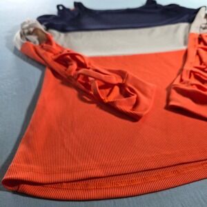 ChicMe Colorblock Ribbed Cold Shoulder Top Lattice Cut Out Sleeve Orange XL